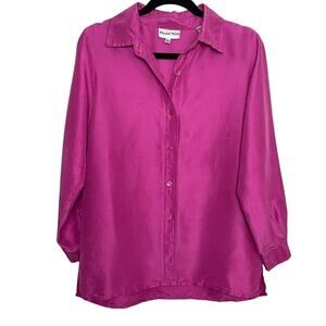 Elizabeth Terrell 100% Silk Pink Collared Button Up 3/4 Sleeve Top Size Medium